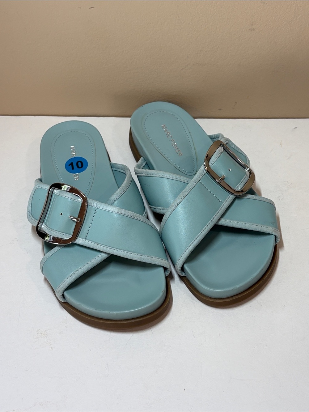 Marc Fisher Women's Light Blue Silver Buckle Cross-Strap Slide Sandals